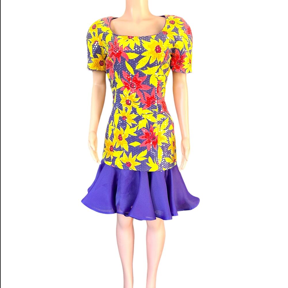 Vintage Rimini Sunflower Sequin Dress Short Sleeve Ruffle Size 12